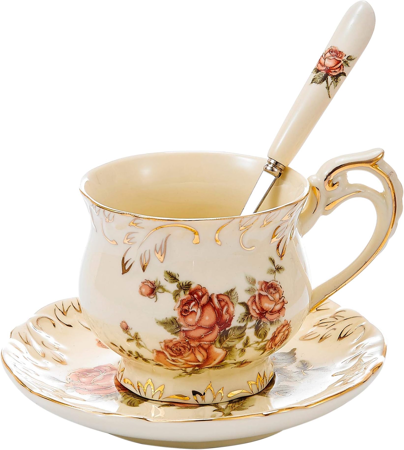 Panbado 3 Pieces Ivory Porcelain Ceramic Coffee Tea Service Cup & Saucer & Spoon