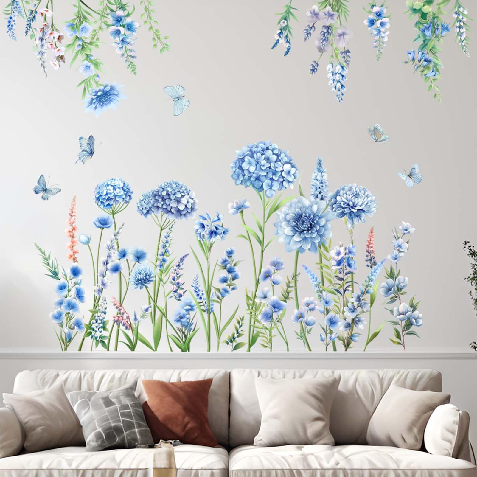 Hanging Flower Wall Stickers for Bedroom: Peel and Stick Blue Wildflower Floral Wall Stickers - Sofa TV Background Home Art Wall Decor - Image 2