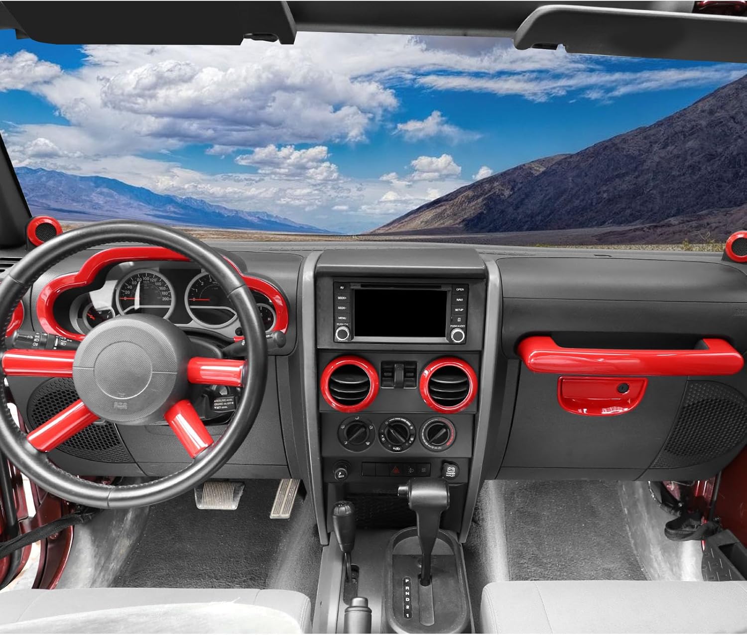 Jimen Fit for Jeep Wrangler JK JKU 2007-2010, 14PCS Interior Kits - Instrument Panel Dashboard Cover, AC Vent Ring, Passenger Grab Handle Trim, A Pillar Speaker Cover (Red)