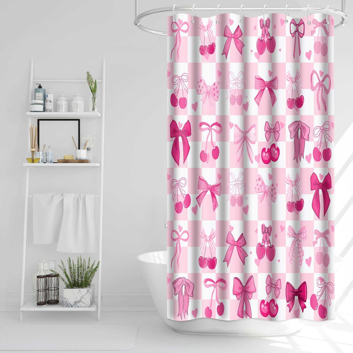 Pink Bow Shower Curtain, 72x72inch, Pink White Checkered Bow Tie Cherry Shower Curtain Sets Cute Pink Bowknot Women Girls Aesthetic Bathroom Shower Curtains Decor Set with 12 Hooks YLGJTP1