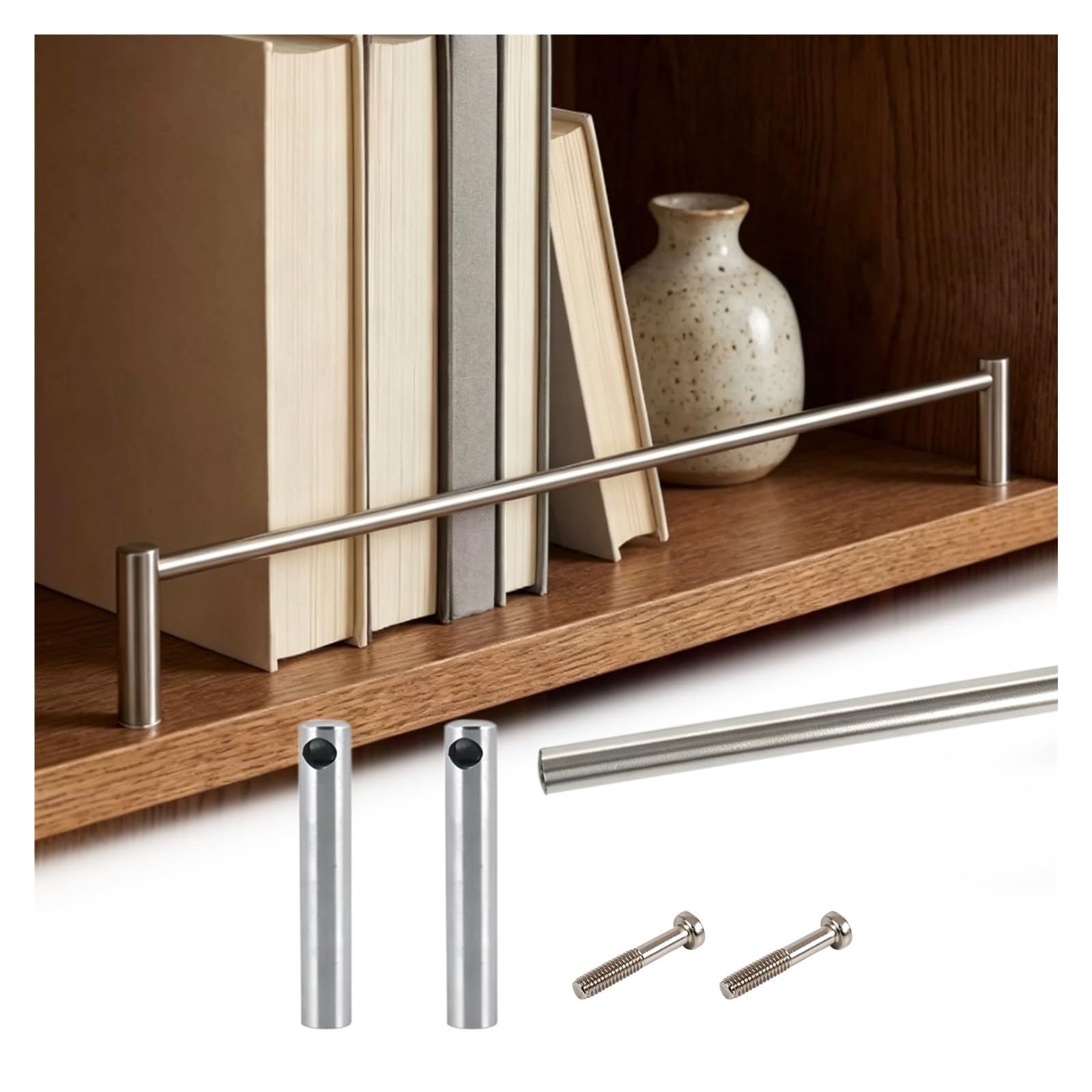 HPHDFS Custom Bookcase Shelf Rail Guard 20-120 cm, Stainless Steel Tipping Rails Set with 2 Spindles, Decor Anti-Fall Cabinet Metal Guardrail Bars for Living Room/RV/Entryway(Silver,L 54cm/21.3")