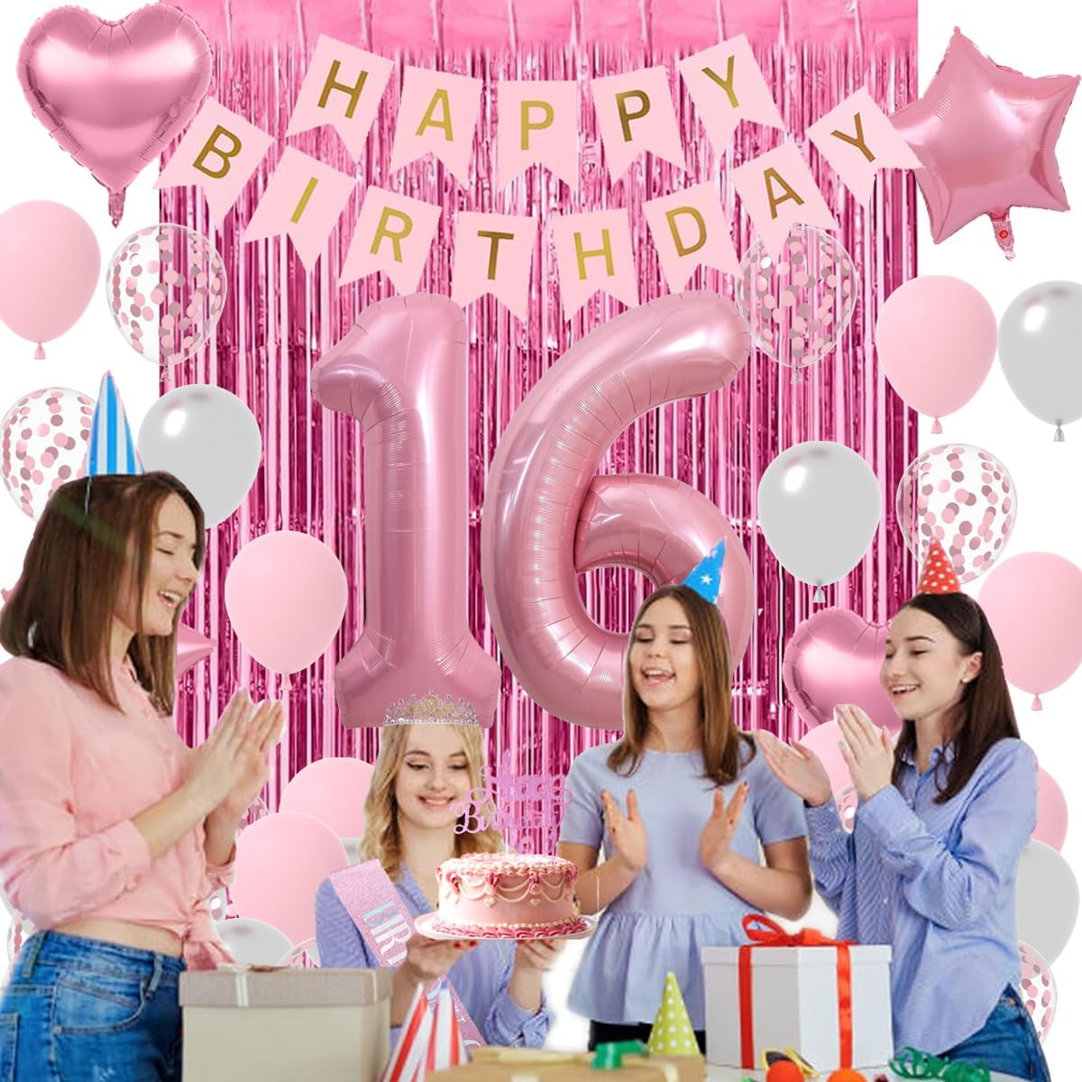 Sweet 16 Party Decorations for Girls, Pink and Silver 16th Birthday Decorations, Happy Birthday Banner Fringe Curtain Cake Topper Balloons Sash and Tiara, Pink 16 Birthday Party Supplies for Girls - Image 5