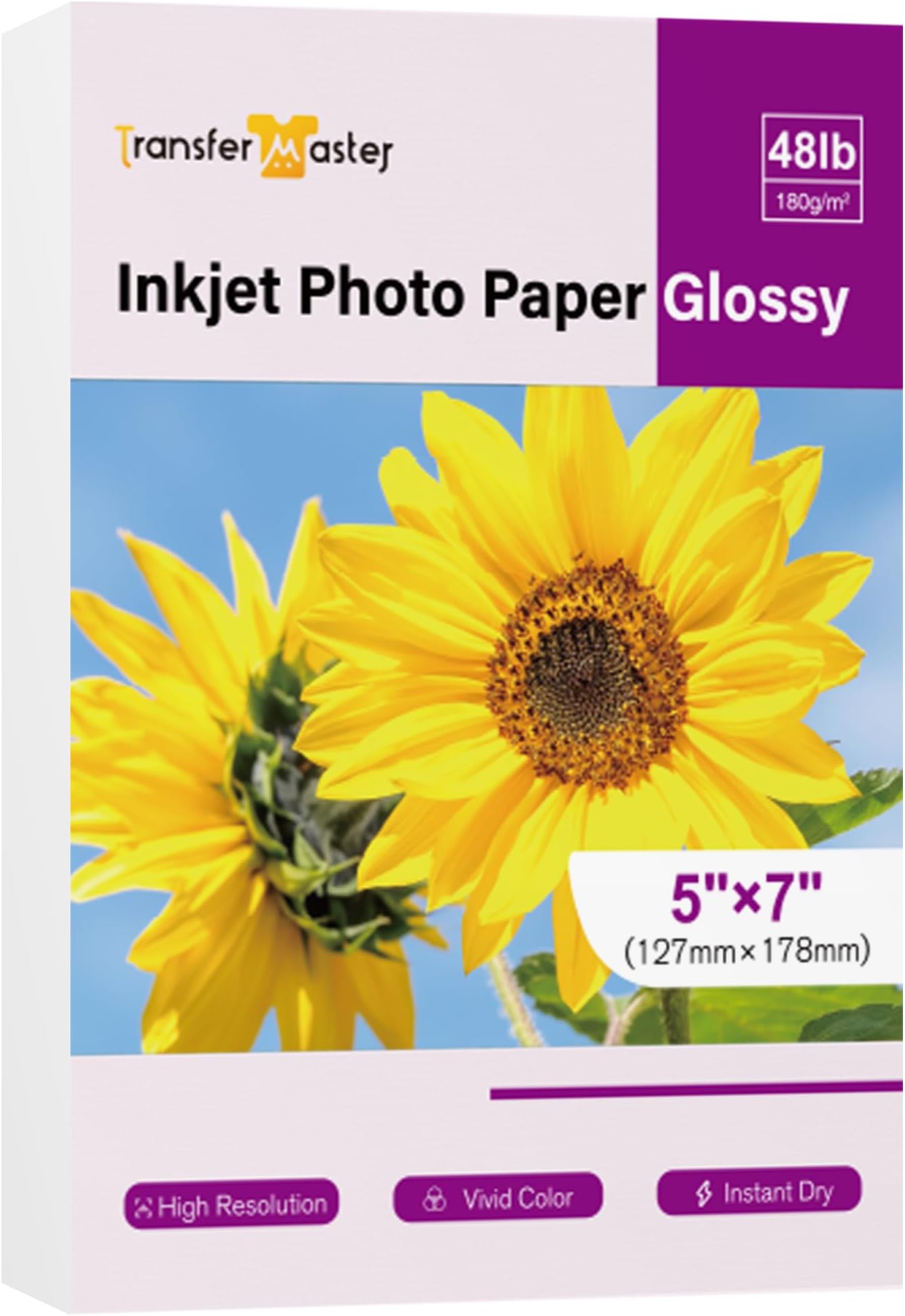 Transfer Master Glossy Inkjet Photo Paper 5X7 Inches 48lb Professional Glossy Photographic Paper for Invitation Cards for Inkjet Printer Use DYE INK 180GSM 100 Sheets