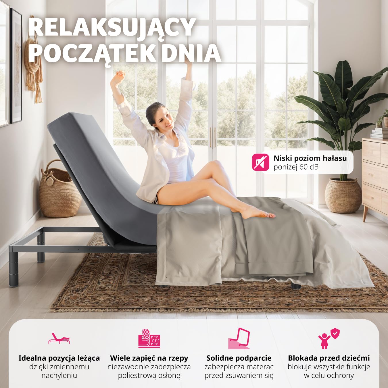 tectake® Elektryczny Stelaż do Łóżka, z Dwoma Mocnymi i Cichymi Silnikami, Regulacja Oparcia i Podnóżka, Sterowanie Pilotem, Wytrzymała Stalowa Konstrukcja, Nogi z Regulacją Wysokości, 90 X 200 cm
