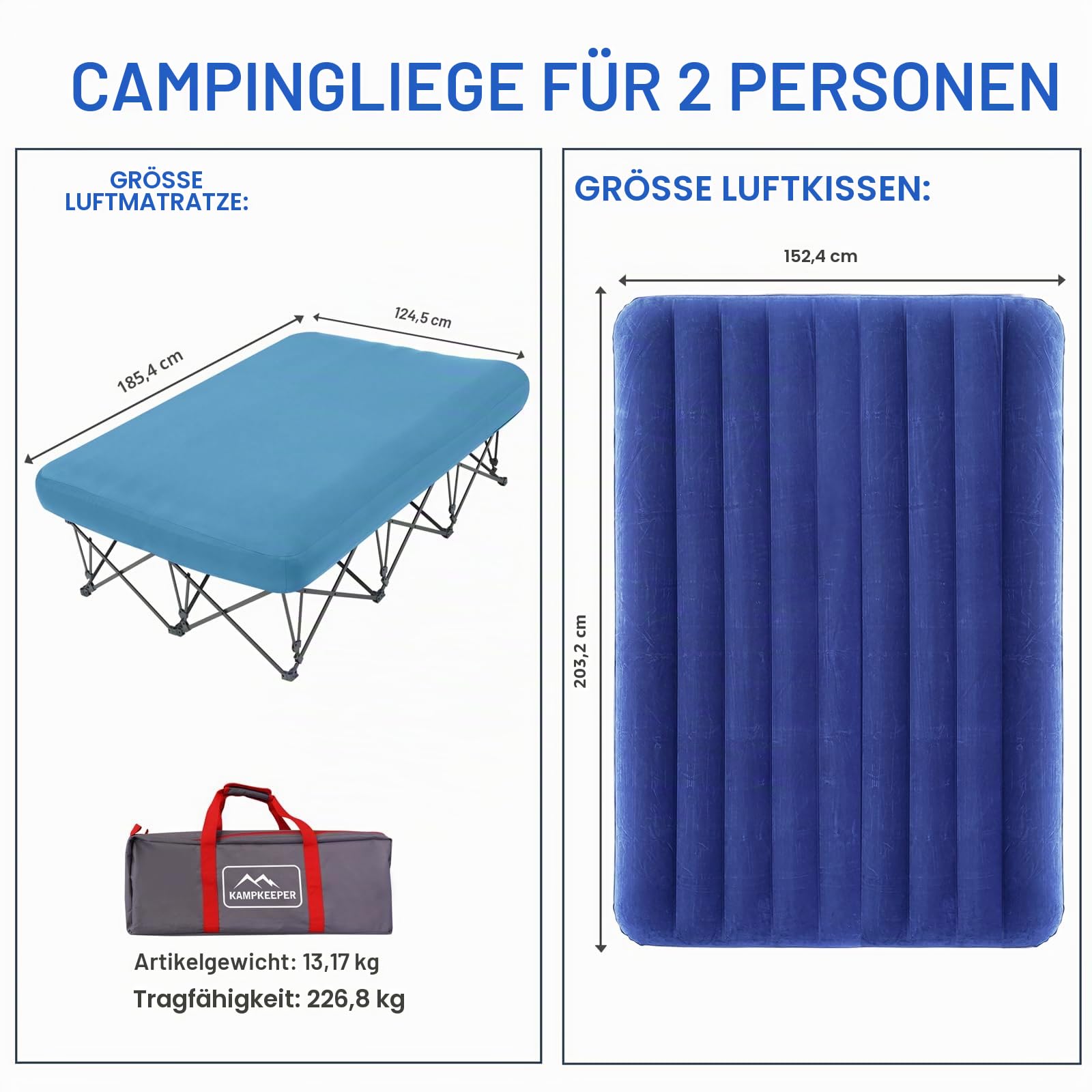 KAMPKEEPER Campingbett, zusammenklappbares Campingbett mit aufblasbarer Luftmatratze und Tragetasche, für Outdoor-Reisen