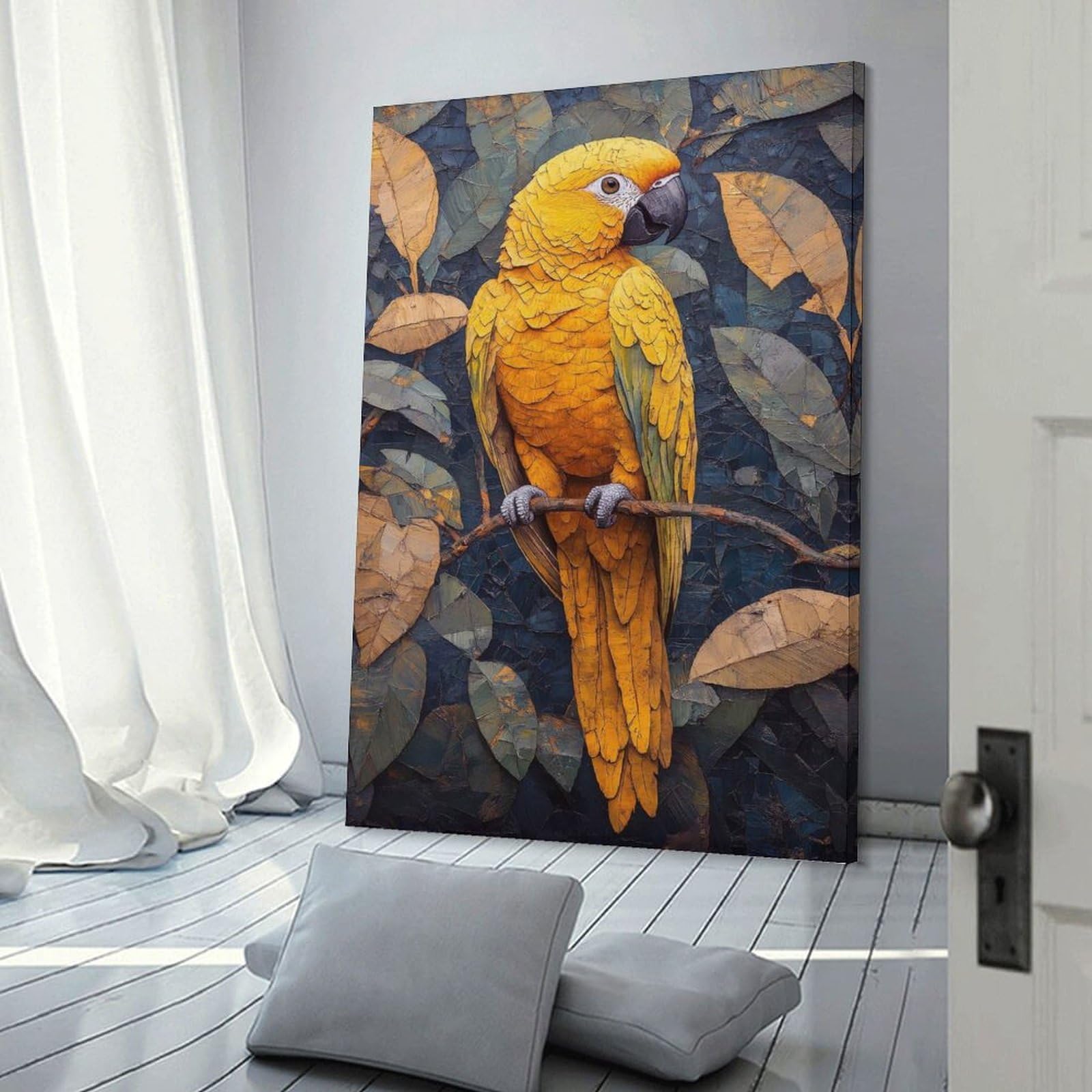 Junmoney Hanging Wall Art Golden Parrot on Branch with Leaves, 20x30inch(50x75cm), for Wall Displays, Bedrooms Or Room Updates, Wall Decor Suited to Curated Displays