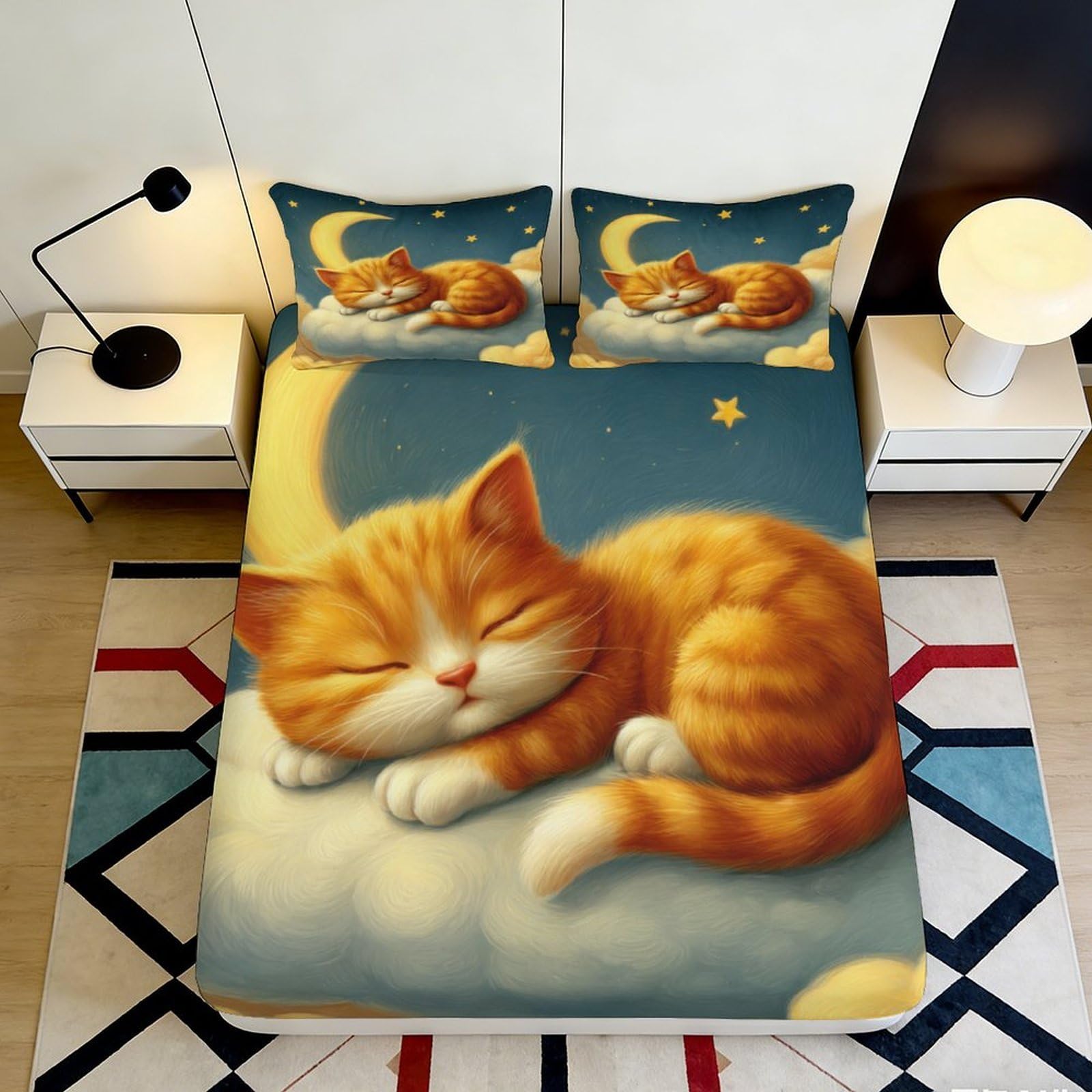 Pnayamiorkfel Style-1 3D Printed Sleeping Cat Fitted Sheet Microfiber Soft Orange Kitten Bed Cover For Bedroom Dorm Mattress Protection Decor 90X200x25cm