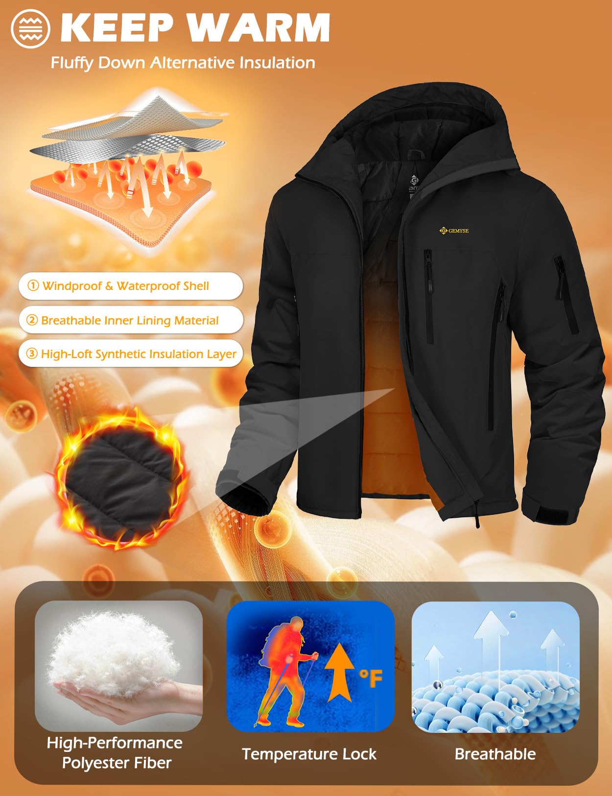GEMYSE Herren Skijacke Wasserdicht Winterjacke mit Kapuze Schulterträger Berg Windbreaker Snowboarden