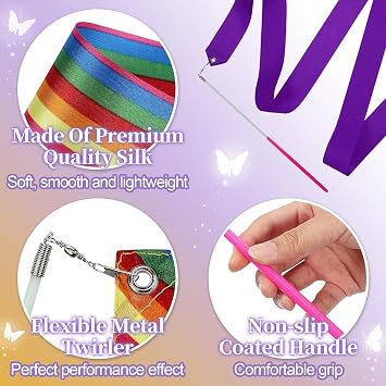 Biubee 16pcs Colorful Rhythmic Dance Ribbons - 79 Inch Gymnastics Ribbon with Non-Slip Dancer Wand, Rainbow Twirler Sticks Streamers for Girls Artistic Dancing Gymnastics Goodie Bag Stuffers Gift