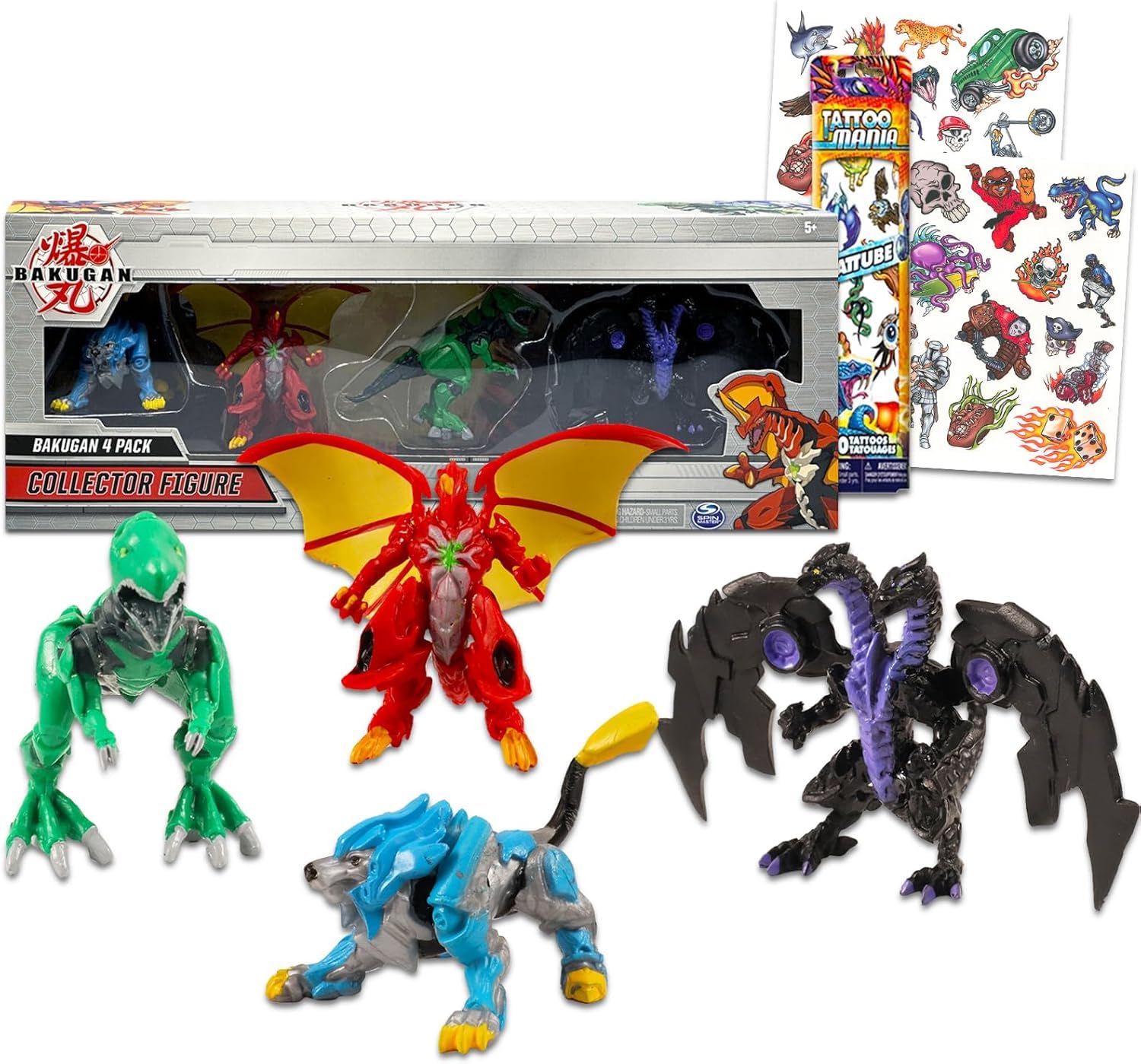 Baku-gan Action Figures 4 Pack - Bundle with 4 Baku-gan Collector Figurines Plus Temporary Tattoos for Boys | Baku-gan Party Supplies