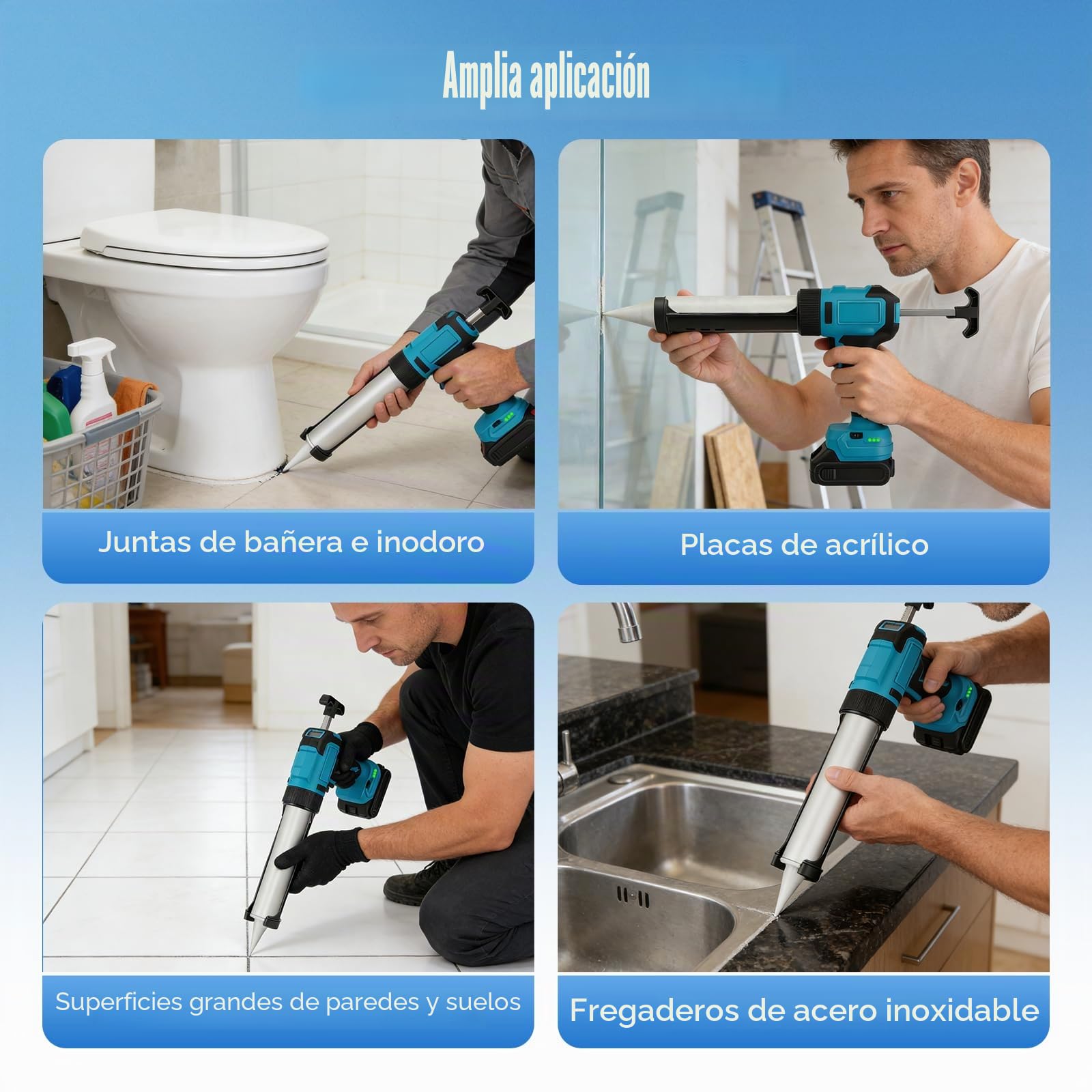 Pistola de Silicona Eléctrica 800N con Batería, 2x21V 2.0Ah, 6 Velocidades Ajustables, Pantalla Digital, Antigoteo y LED para Juntas de Bañera y Azulejos, Profesional