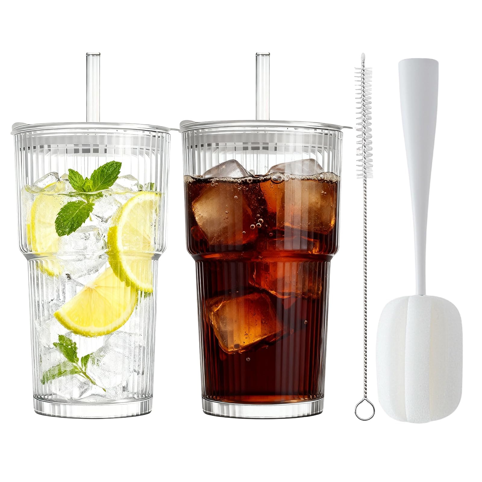COEWUR 600ml Iced Coffee Cup with Lids and Glass Straws, 2 Pack Glass Tumbler with Straw and Lid, Clear Drinking Glasses for Juice, Coffee, Cocktail, Whiskey, Soda, Milk, Ice Water, Cold or Hot Drinks