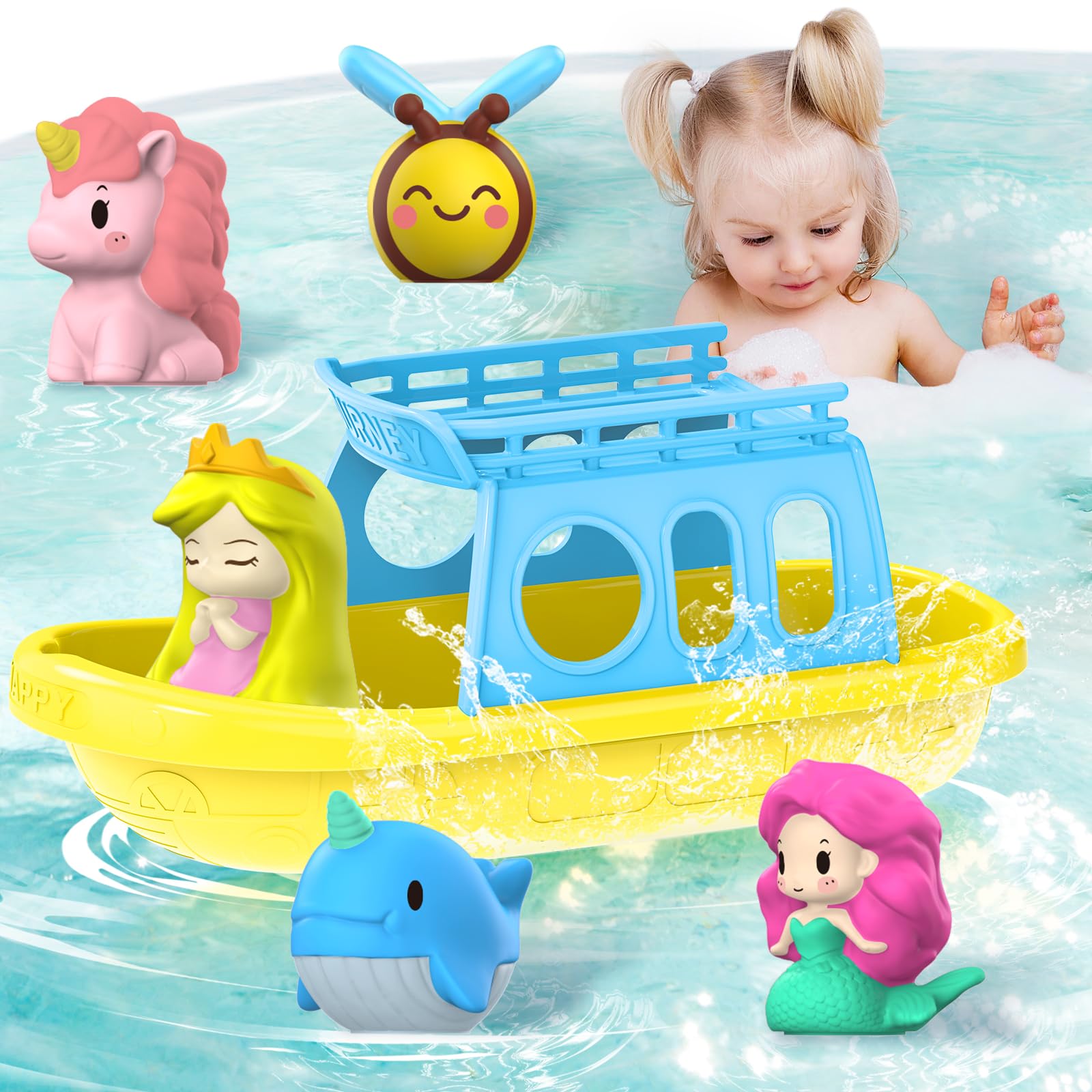 Juguetes de baño de princesa sirena (5 piezas) para niños pequeños de 1 a 3 años con bote de baño, juguetes de ducha para bañera de bebé, abeja de ballena animal, juguetes flotantes de agua 2