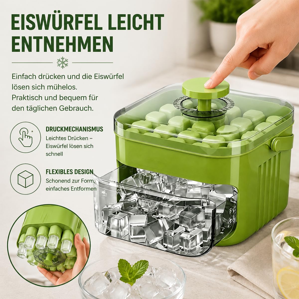 Tragbarer Eiswürfelbereiter mit Deckel, Portable Ice Cube Maker, Eiswürfelmaschine mit Pressmechanismus, 50 ​​Fächern, Eiswürfelform, mit Schublade und Auffangbehälter, für die heimische Küche (Grün)