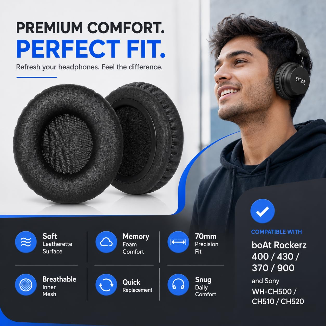 Replacement Ear Cushions for Boat Rockerz 400, 430, 370, 900 and Sony WH-CH500/CH510/CH520 Headphones – 70mm Soft Leatherette Earpads with Memory Padding – Black — Amazon image 4