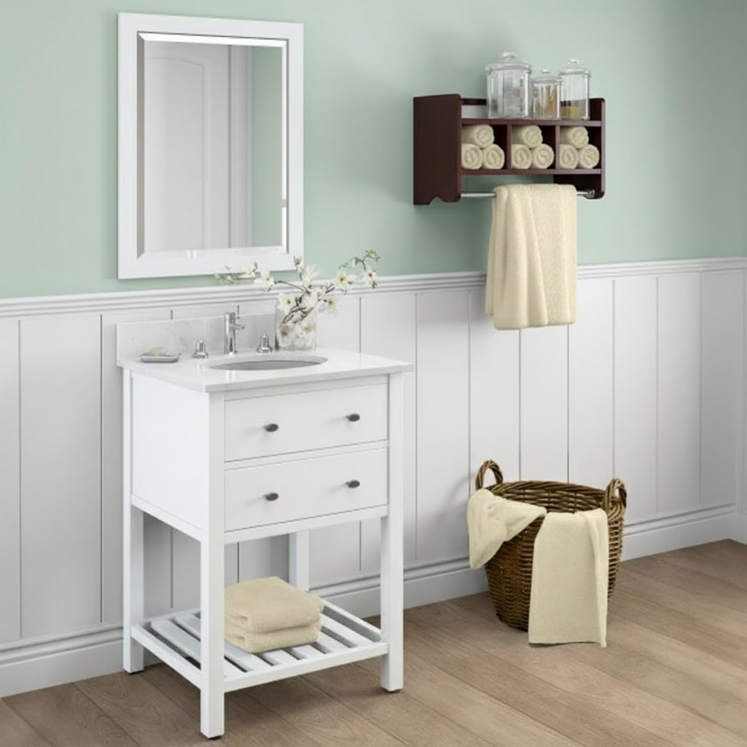 Alaterre Furniture 25-Inch Bath Storage Shelf with Dual Towel Rods-Wall Mounted Organizer with 3 Cubbies, Raised Edge Top Shelf, Coordinates with Bath Collection, Hanging Hardware Included (Espresso)