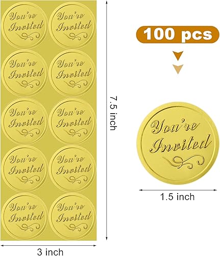 Miniatura 2 de 100 piezas de sellos de papel de aluminio en relieve dorado con texto en relieve con la frase "You're Invited", adhesivos para sobres de boda,