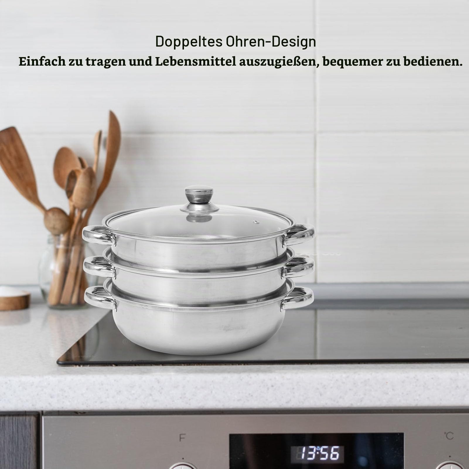 Edelstahl Dampftopf, Verdickter, Multifunktional, Großes Fassungsvermögen, Doppelohr-Topf für Lebensmittel, Knödel, Nudeln, Kochen