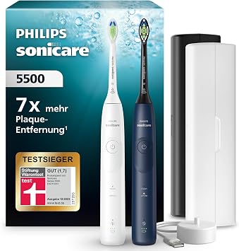 Philips Sonicare 5500 elektrische Zahnbürste, Schallzahnbürste mit 2 Putzmodi, Andruckkontrolle, EasyStart, SmarTimer und BrushPacer, Weiß und Navy, 2er-Pack, Modell HX7119/01 [Neue Technologie]