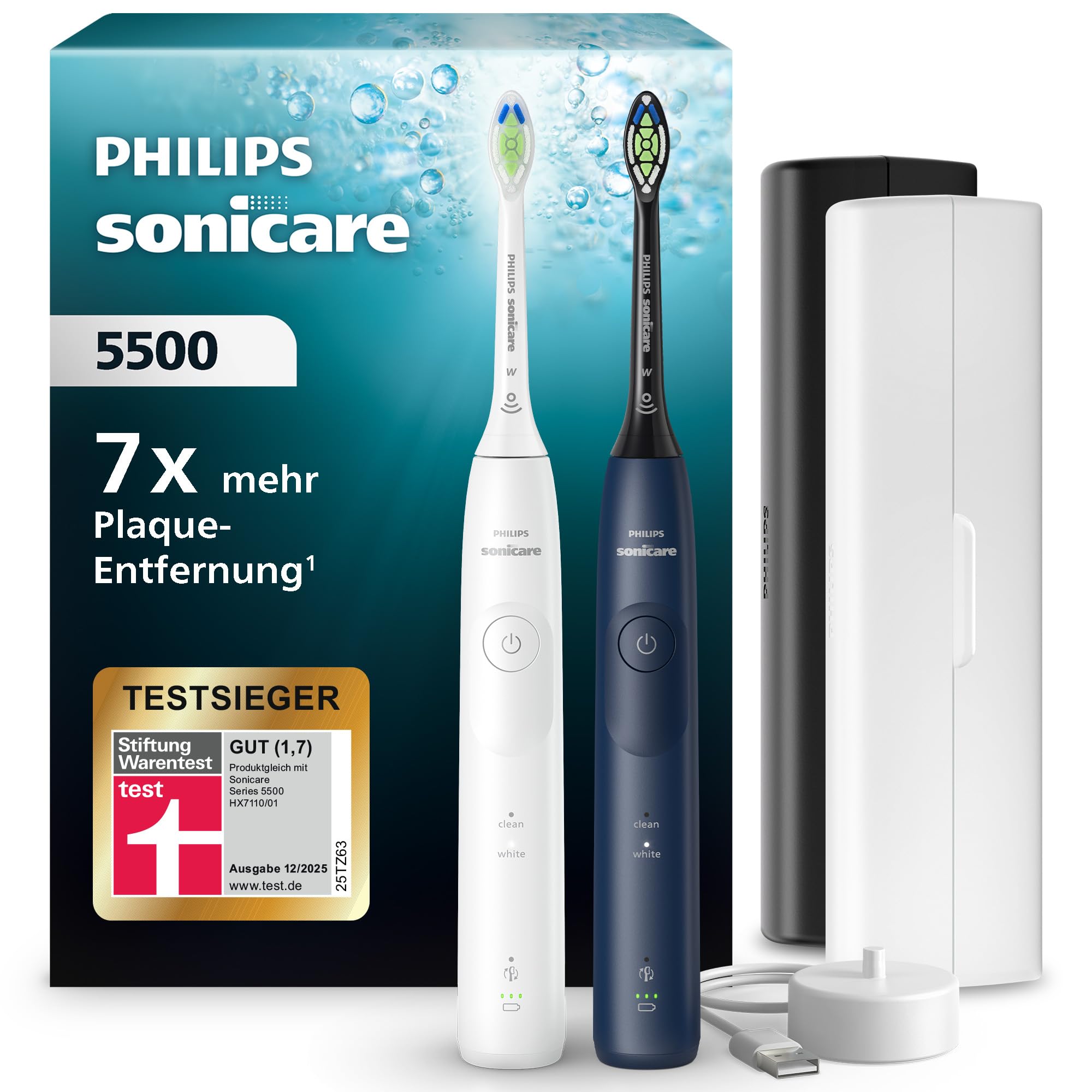 Philips Sonicare 5500 elektrische Zahnbürste, Schallzahnbürste mit 2 Putzmodi, Andruckkontrolle, EasyStart, SmarTimer und BrushPacer, Weiß und Navy, 2er-Pack, Modell HX7119/01 [Neue Technologie]