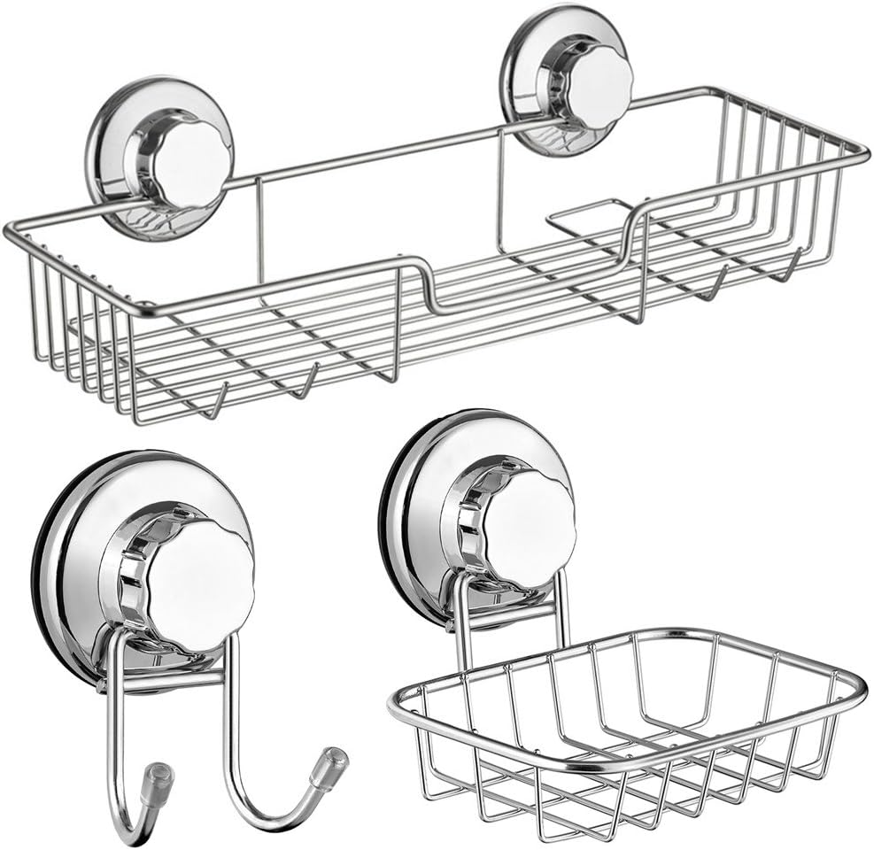 SANNO Suction Cup Shower Caddy with Hooks,Powerful Suction Cup Bathroom Shower Caddies,Bath Shelf Storage Combo Organizer Basket, Bathroom Accessories for Shampoo Conditioner set of 2