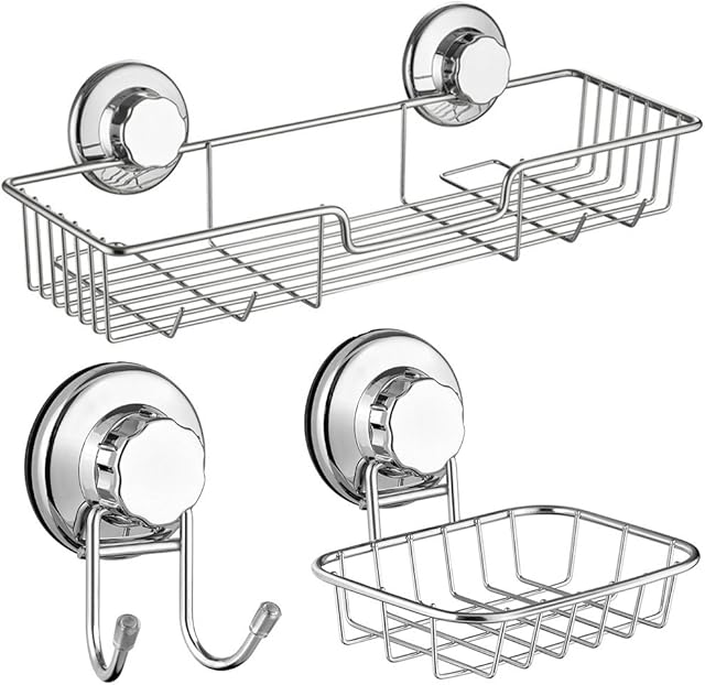 SANNO Suction Cup Shower Caddy/Soap Dish/Bath Hook-Shower Organizer Accessories Kitchen Storage Basket for Shampoo, Conditioner, Soap- Anti Rust Stainless Steel (Set of 3)