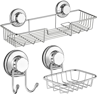 SANNO Suction cups Shower Caddy Soap Dish Double Bath Hook-Bath Organizer Kitchen Storage Basket for Shampoo, Conditioner, Soap- Anti Rust stainless steel (set of 3)
