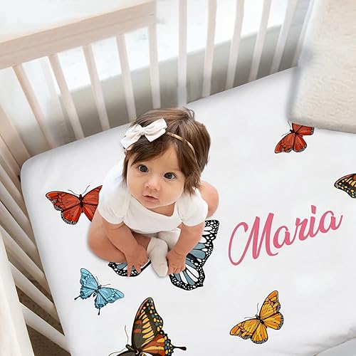 Miniatura 2 de Sábanas personalizadas para cuna de mariposa colorida con nombre, sábanas de colchón de cuna de bebé con nombre personalizado para niñas, juegos de