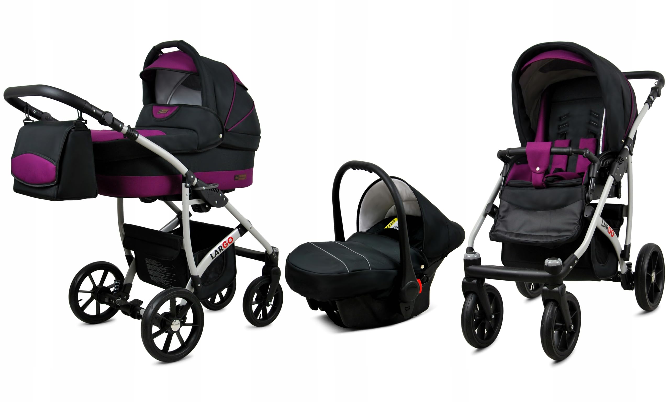 BabyLux® Zestaw wózków dziecięcych 3 w 1 – Largo – w zestawie wanienka dla niemowląt, fotelik sportowy, fotelik samochodowy – zestaw wózków dziecięcych z torbą do przewijania, osłoną przeciwdeszczową