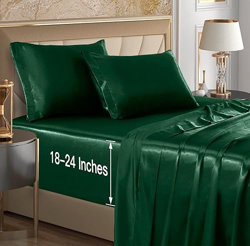 VACVELT Juego de sábanas de satén verde negruzco de 4 piezas, tamaño King, para colchones de bolsillo profundo de 18 a 24 pulgadas, juego de ropa de