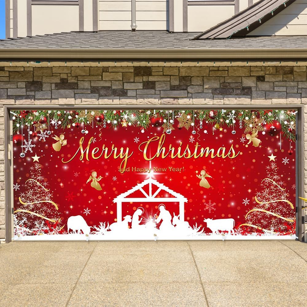 Christmas Garage Door Cover - Nativity Scene Large Outdoor Holiday Decoration Double Car Garage Door Banner - Festive Merry Christmas Happy New Year Decor 7x16ft