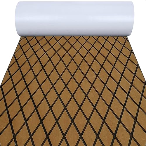 Miniatura 10 de LUBEMIDA Alfombra de suelo de barco EVA con ranura cruzada, hoja de teca marina para yate, 74.8 x 27.5 pulgadas, autoadhesiva