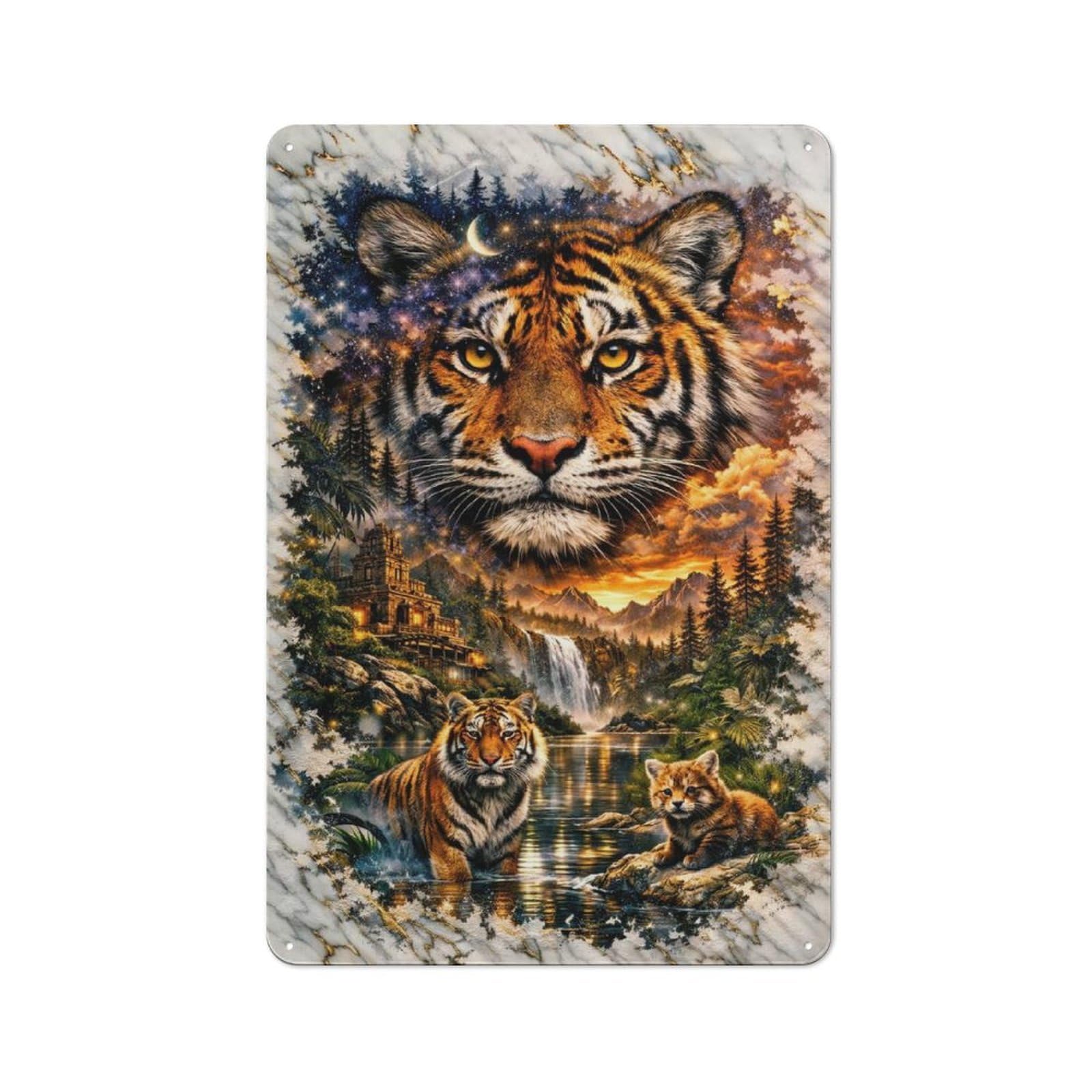 Metal Wall Sign 30x20cm Featuring Majestic Tiger Landscape for Café Or Restaurant, for An Autumn Wall Display in Café And Restaurant