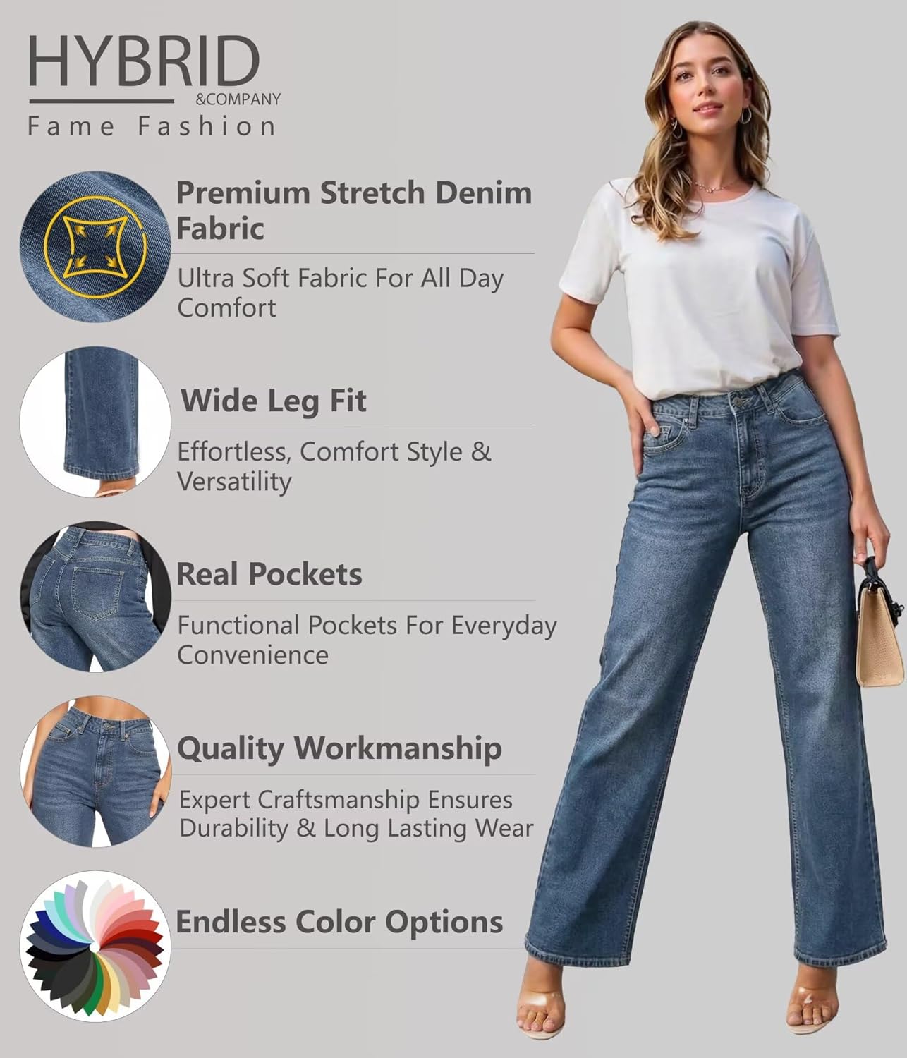 Hybrid & Company Womens Wide Leg High Rise Super Comfy Stretch Denim Pants Trendy Relaxed Fit Jeans with Pockets - Image 4