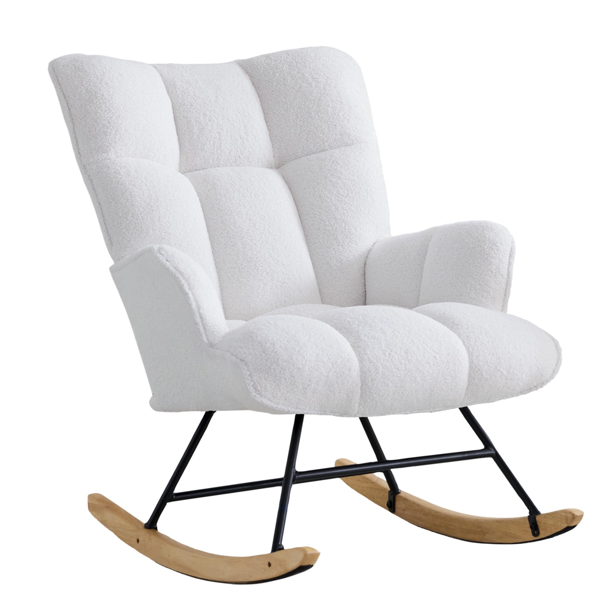 Fauteuil à Bascule, Tissu Teddy Peluche, Pieds en Bois d'Hévéa, Chaise d'Accent pour Nourrisserie, Salon, Chambre, Bureau(Blanc Teddy)
