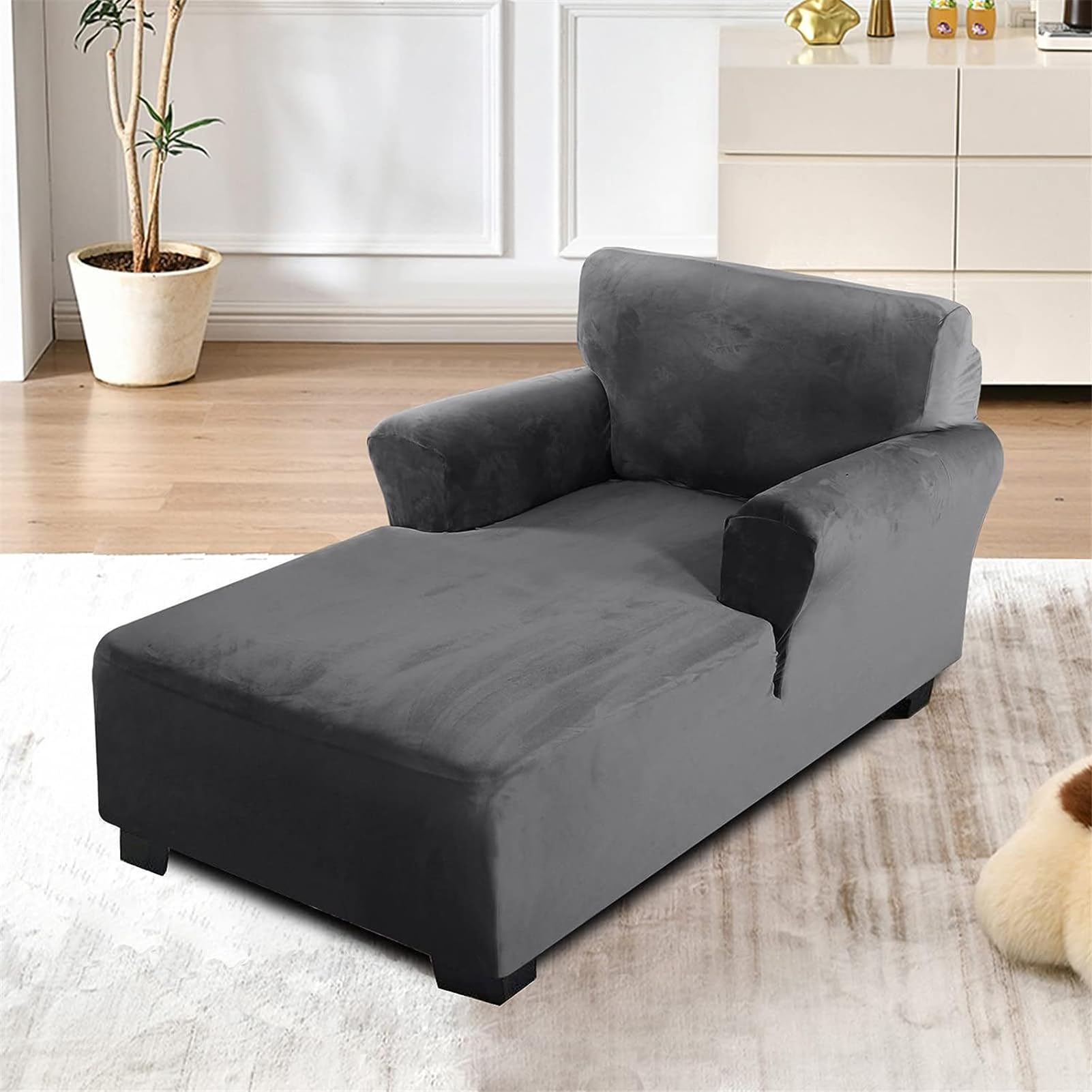 Copridivano elasticizzato in velluto per chaise longue elegante a due braccioli, colore grigio, protezione perfetta per l'arredamento della casa e il rinnovamento dei mobili