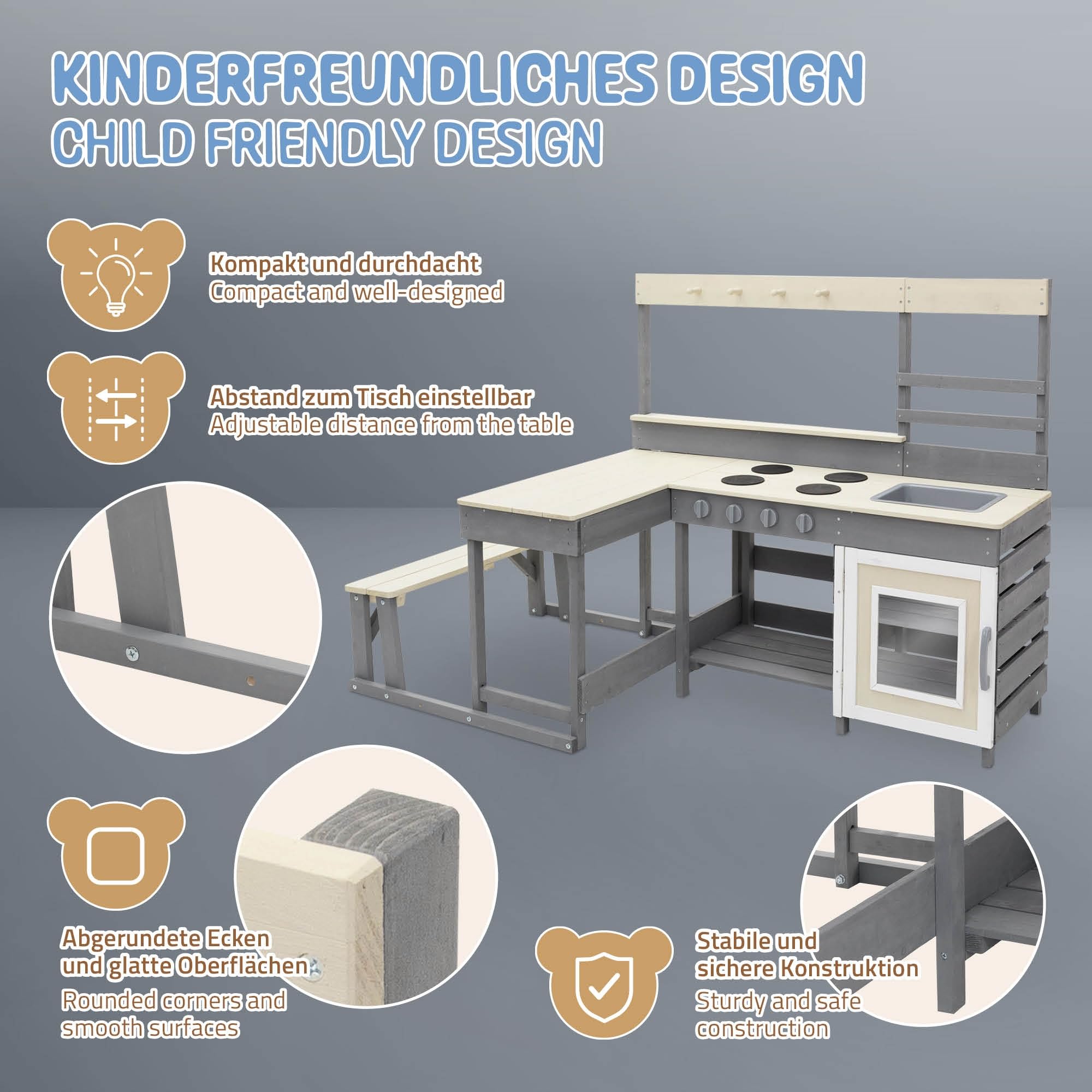 Joyz Kinderküche aus Tannenholz massiv, Spielküche mit Tisch, Sitzbank, Tafel & Küchenzubehör, Outdoor Holzküche, Wetterfeste Kinderspielküche Set, Matschküche, Spielzeugküche für Kinder ab 3 Jahren