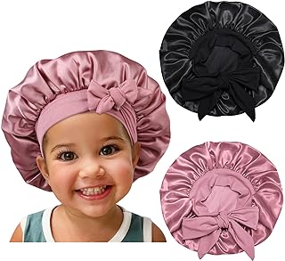 Satin Silk Bonnet Hair Cap: 2pcs Bonnets for Kids with Elastic Tie Band Adjustable Straps for Sleeping Sleep Comfortable