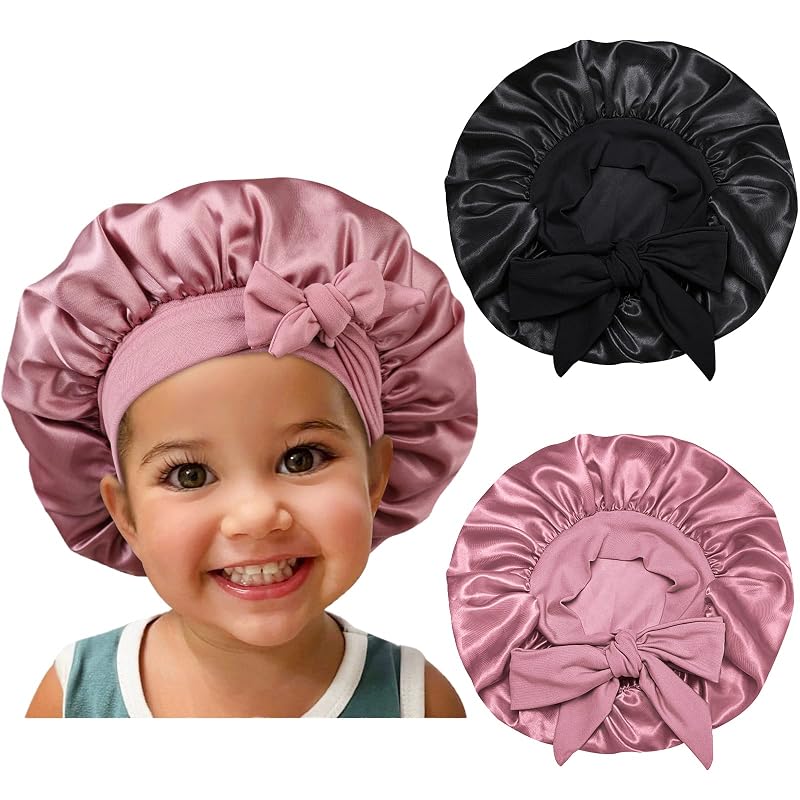 Touca de cetim para crianças Isshin Beauty preta e rose gold com faixa ajustável — Pacote com 2