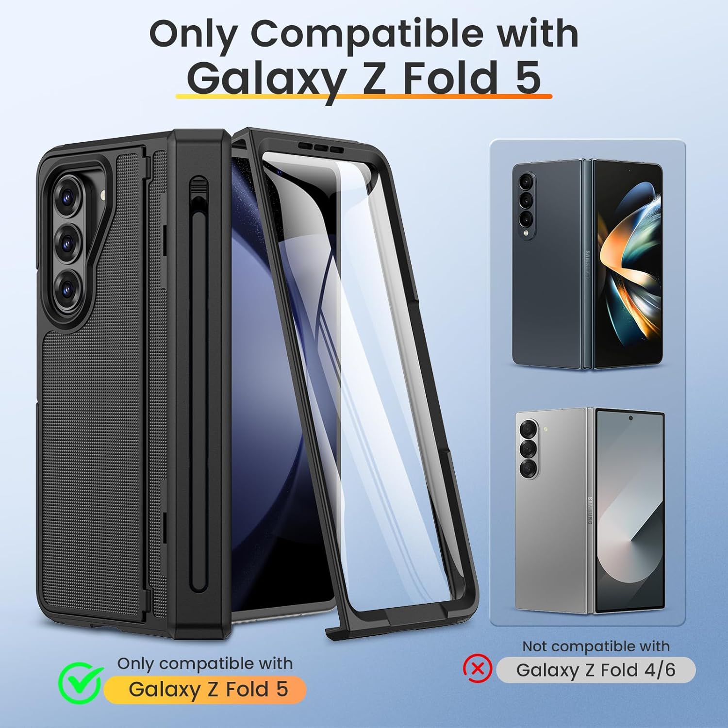 VEGO for Z Fold 5 Case with S Pen Holder, [Hinge Protection] [Screen Protector][Invisible Kickstand] Support Wireless Charging Full-Body Drop Protection Anti-Slip Hard Phone Case for Fold5- Black