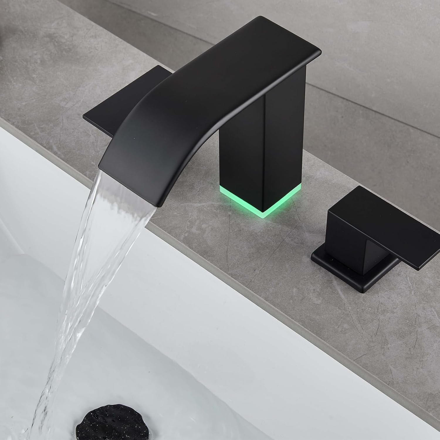 LED Light Black Waterfall Bathroom Faucet 3 Holes - 8Inch Widespread Bathroom Sink Faucet | Two Handles Lavatory Vanity Sink Faucets with Pop-up Drain Assembly & Supply Lines - Image 5