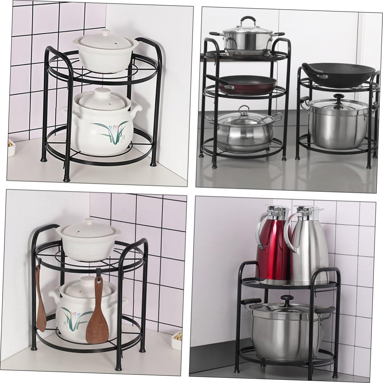 Unomor 1Pc Two Layer Kitchen Storage Rack Multipurpose Pot Holder Detachable Shelf Leg Pads Space Saving Cooking Organizer for Home Use Black