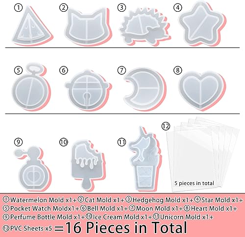 Miniatura 3 de Juego de moldes para coctelera de resina, colgantes, suministros para hacer joyas, paquete de 11 bandejas con 5 películas de sellado y manual de