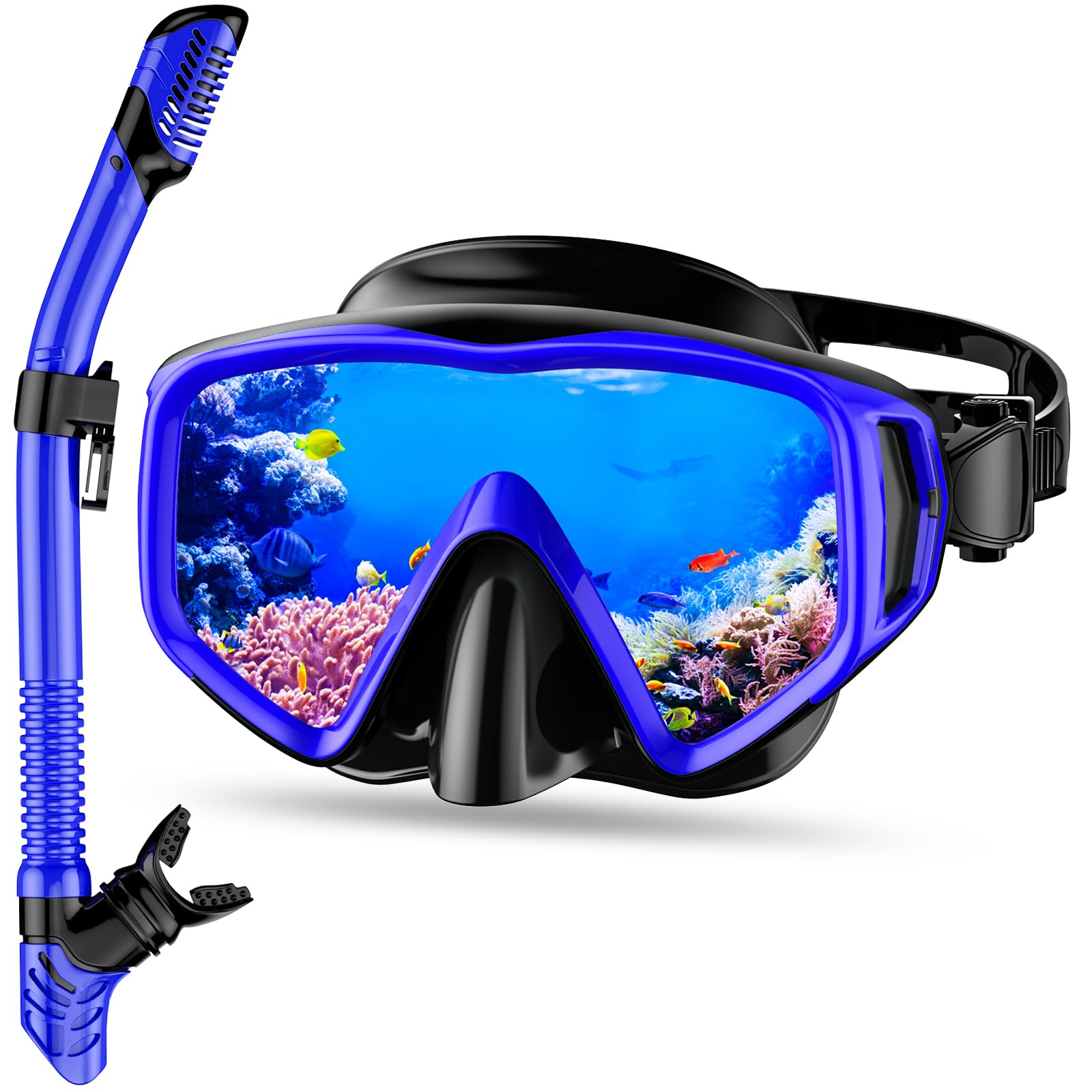 WISHBETY Juego de esnórquel para adultos, con gafas de buceo y tubo seco para hombre y mujer, antifugas y antivaho, máscara de buceo de vidrio templado para buceo, esnórquel y natación