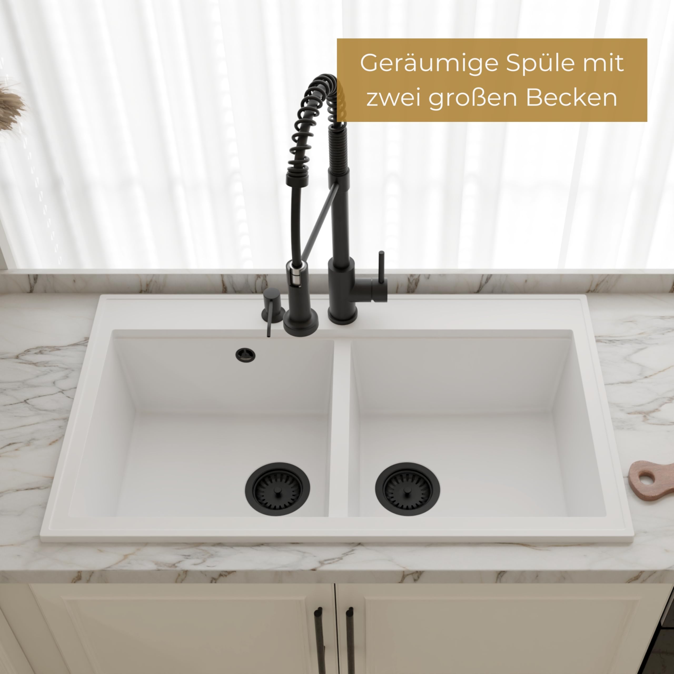 SINK QUALITY podwójny zlew szary z armaturą, zlewozmywak granitowy podwójny 86 x 50 cm, podwójny zlew z syfonem i substancją impregnującą, 2 umywalki zlewozmywak kuchenny od szafki pod umywalkę 85
