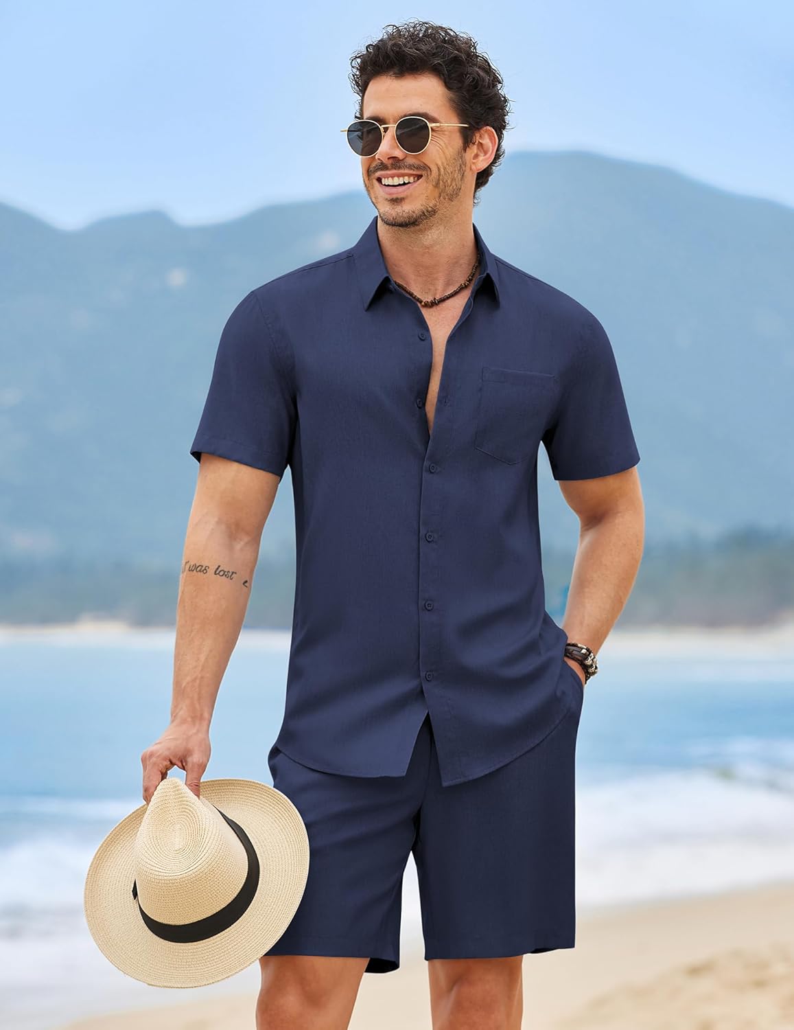 COOFANDY 2 Piece Set for Men Cruise Outfits Set Mens Summer Vacation Outfit Short Sleeve Button Down Shirts - Image 2