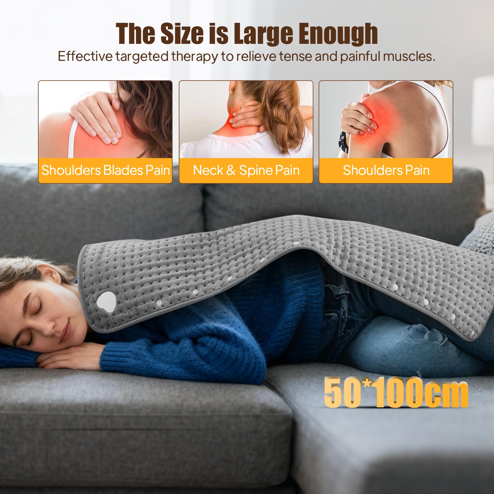 100 * 50 cm Termoforo Elettrico Extra Grande, 12 Impostazioni del Timer, 25~55° di Temperatura, Matrimoniale per Alleviare il Dolore Muscolare Lombare,Addome, Collo, Spalla