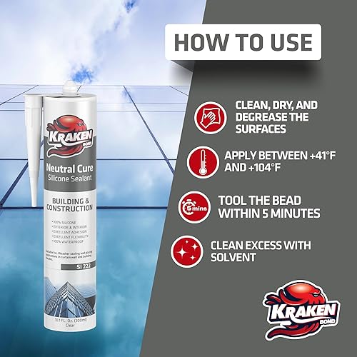 Miniatura 2 de Kraken Bond Sellador de silicona transparente de curado neutro, (1 x 10.1 onzas líquidas), sellador impermeable con bajo contenido de compuestos