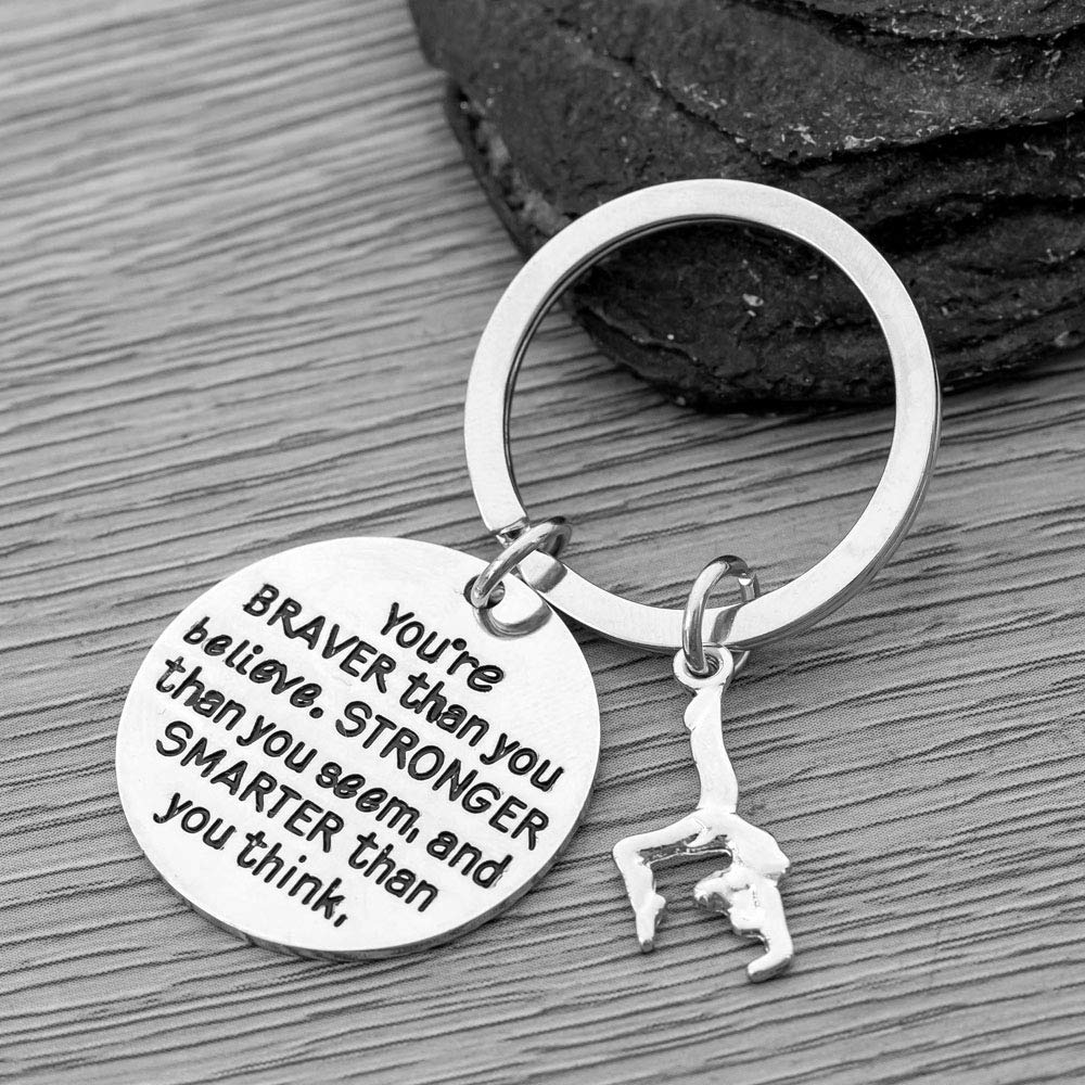 Gymnastics Charm Keychain, Inspirational You’re Braver Than You Believe, Stronger Than You Seem & Smarter You Think Jewelry for Gymnasts, Teams and Coaches