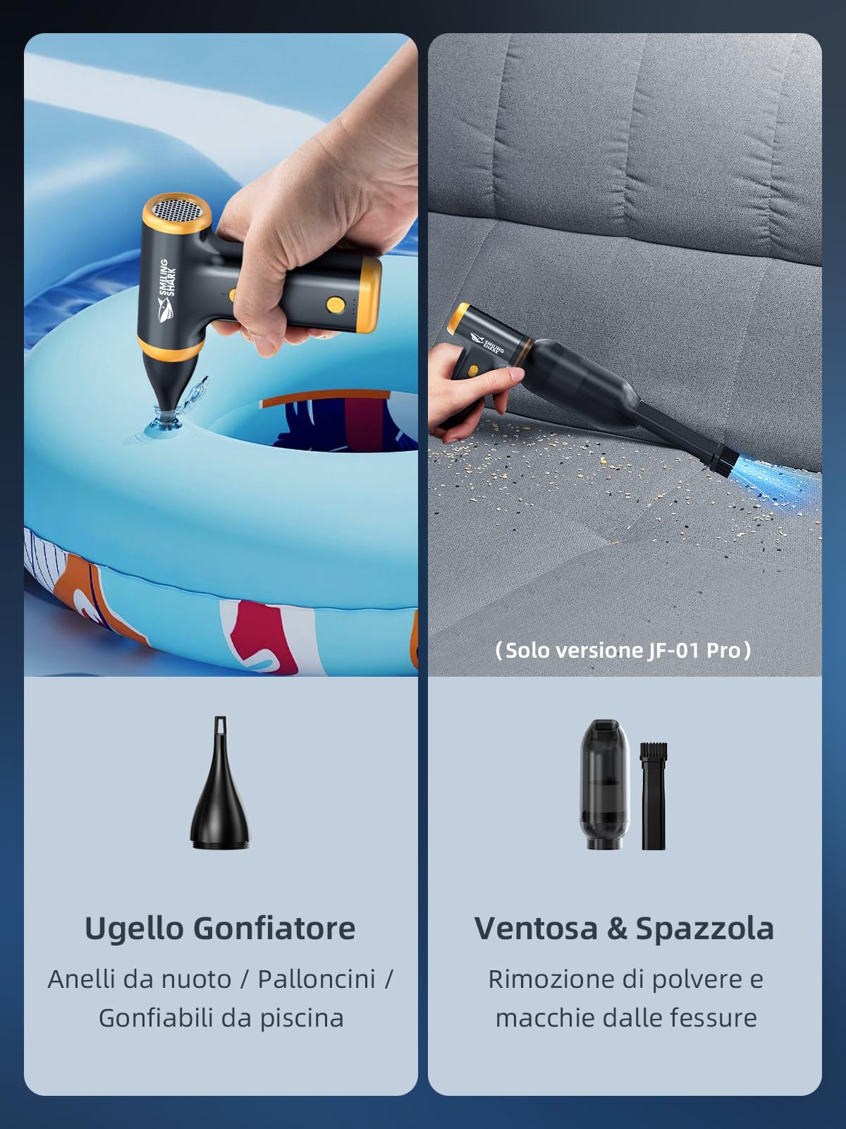 Smiling Shark Soffiatore ad Aria Compressa, JF-01 Vitesse Variabile 130000RPM Elettrico Rimuovi Polvere Senza Fili con Luce LED - Air Duster per Kit Pulizia PC/Tastiera/Auto/Divano/Camping, PRO Nero